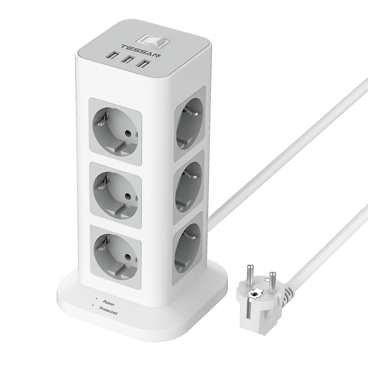 12 Way Power Strip Surge Protection Multiple Socket with USB, 2m Retractable Extension Cable