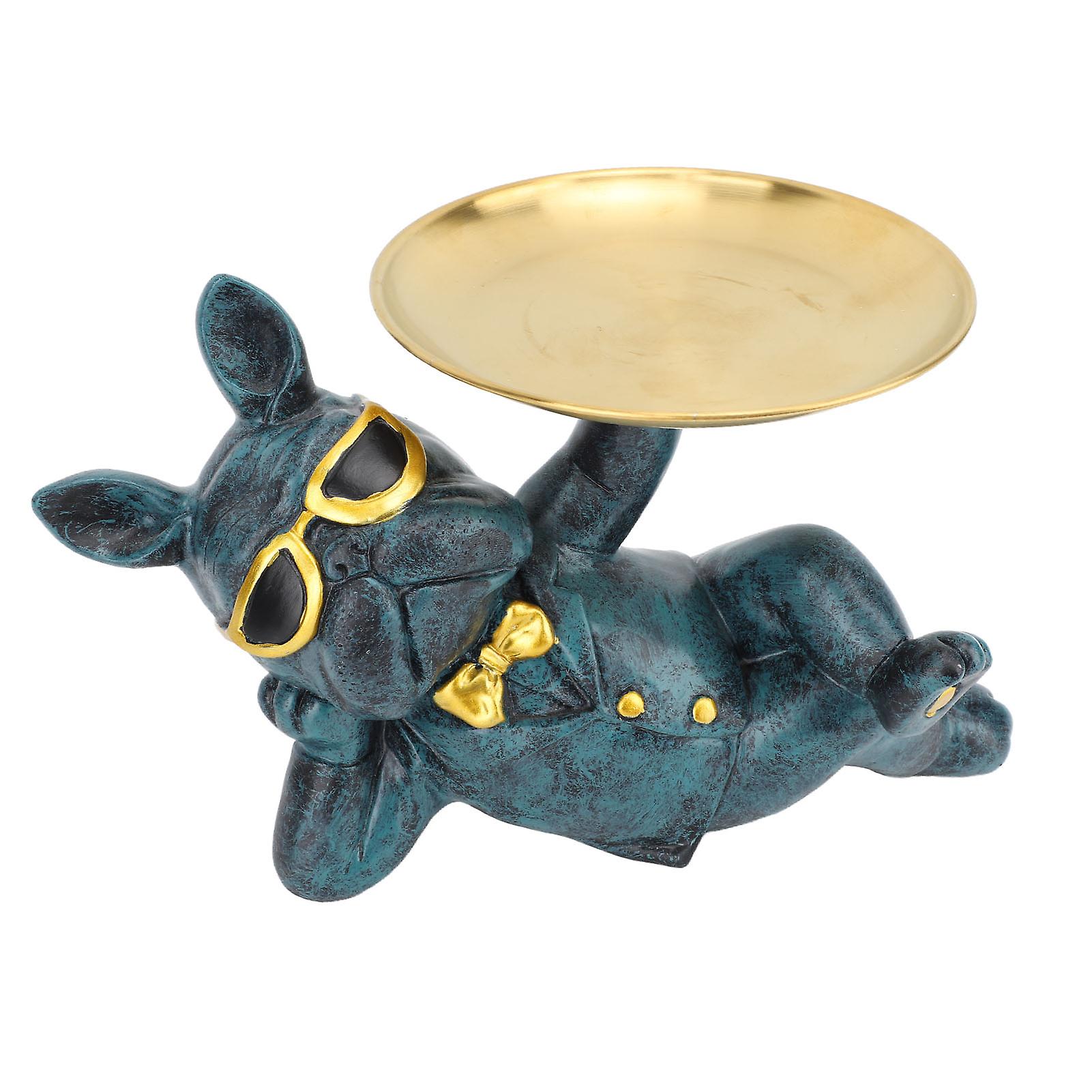 Bulldog Statue Storage Tray Synthetic Resin Unique Bulldog Tray Ornament for Home Entryway Shop Office Dark Green