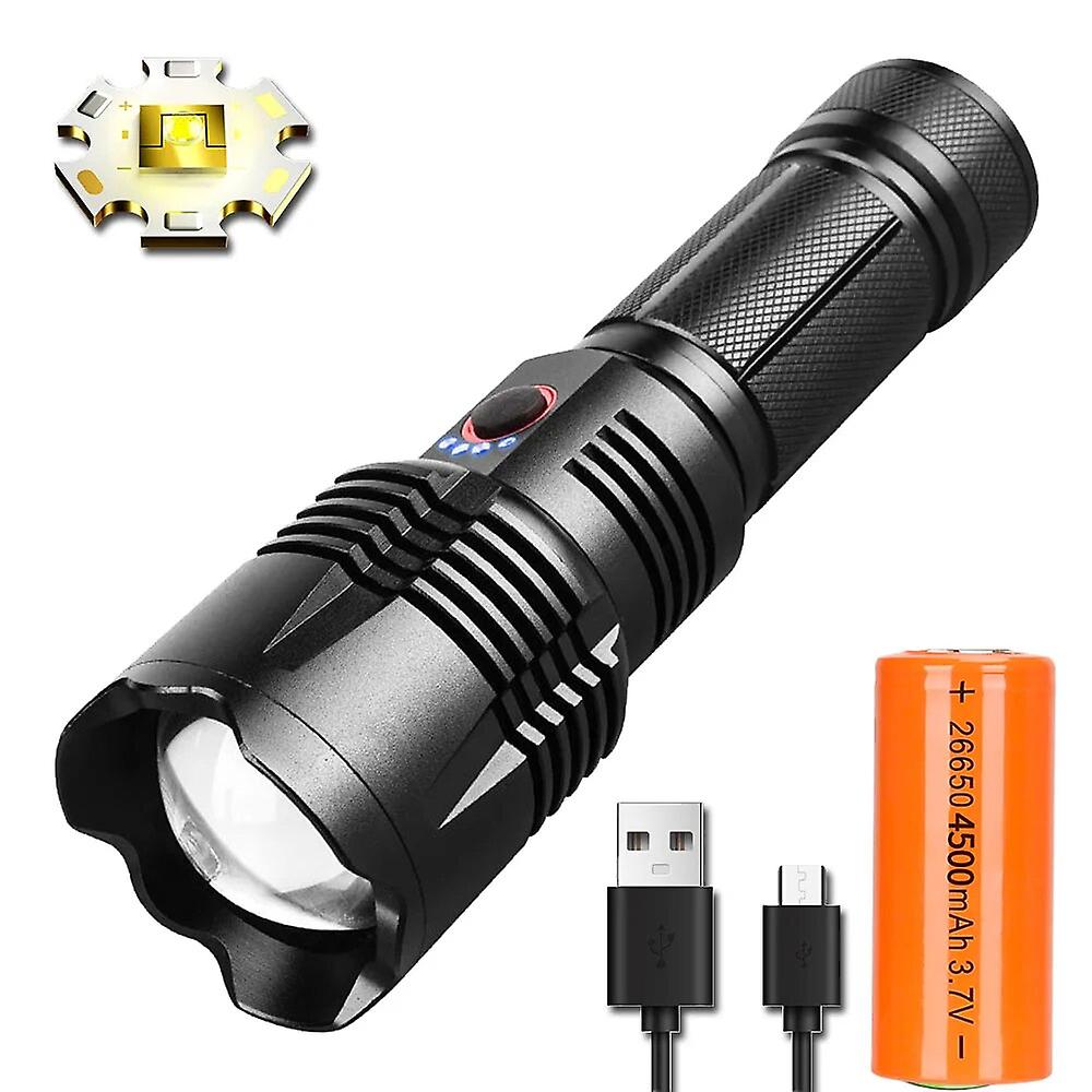 Super Bright Led Flashlight Powerful Spotlight Long Range Zoomable Emergency Torch Usb Rechargeable With Power Display