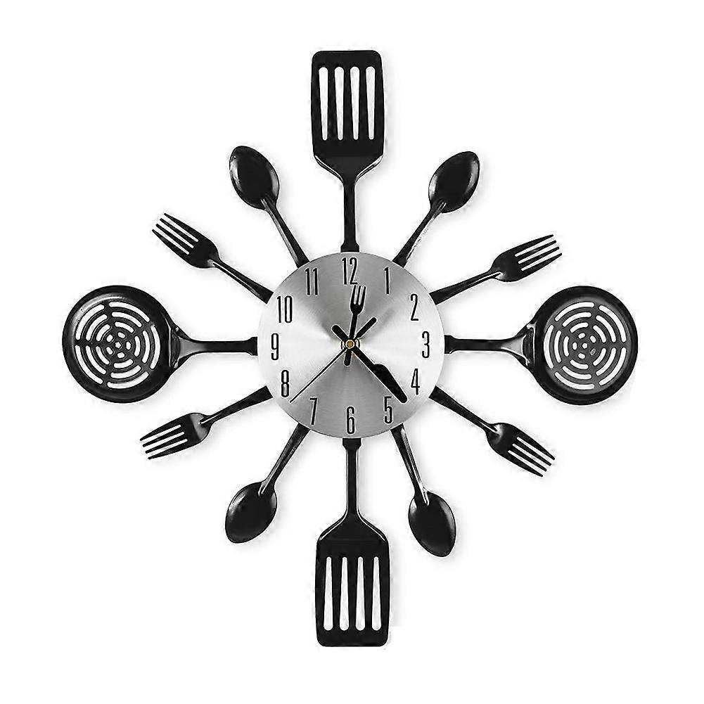 16 polegadas cozinha relógios de parede com colheres e garfos, 3D Tableware Wall Clock Room (preto)
