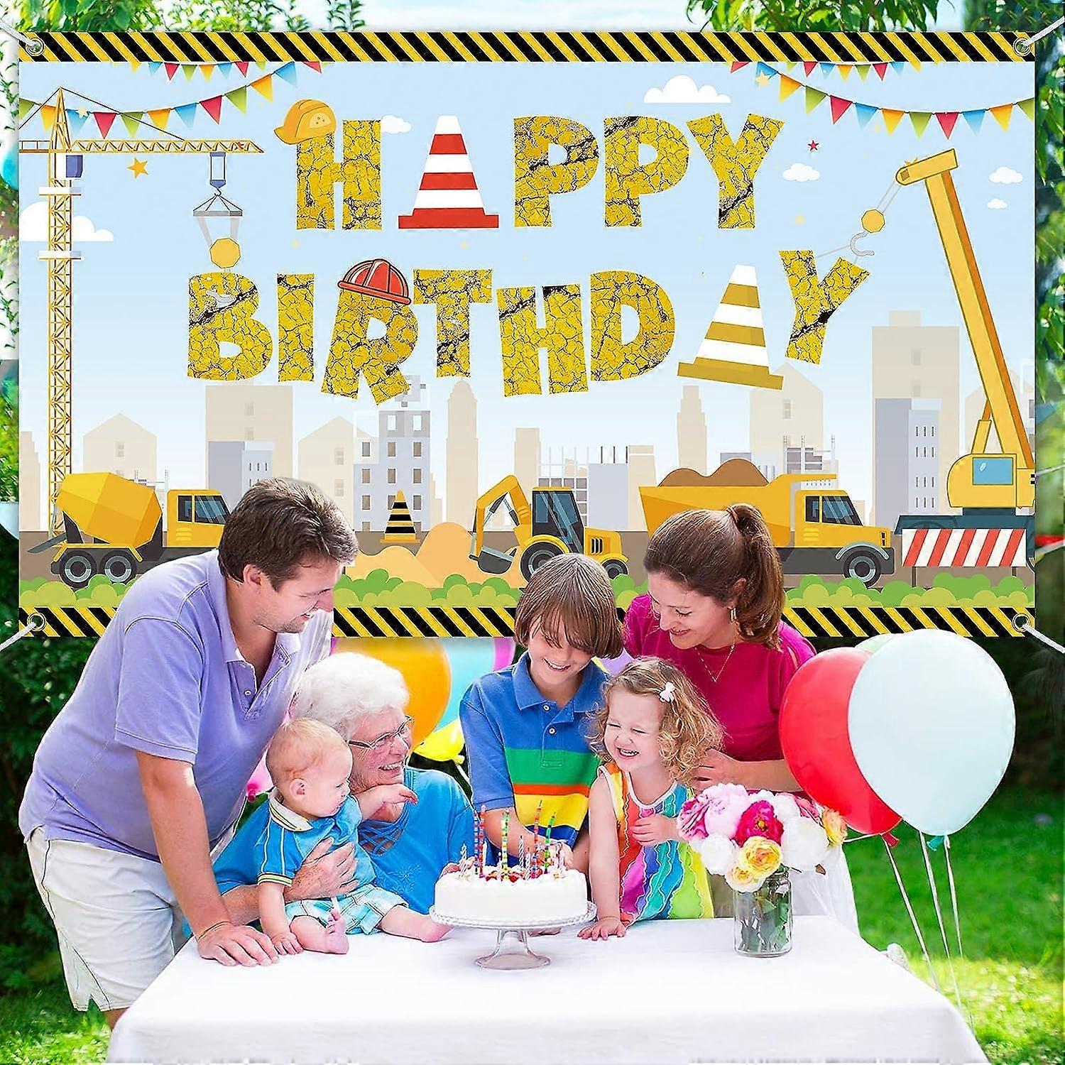 Under Construction Excavator Round Birthday Backdrop