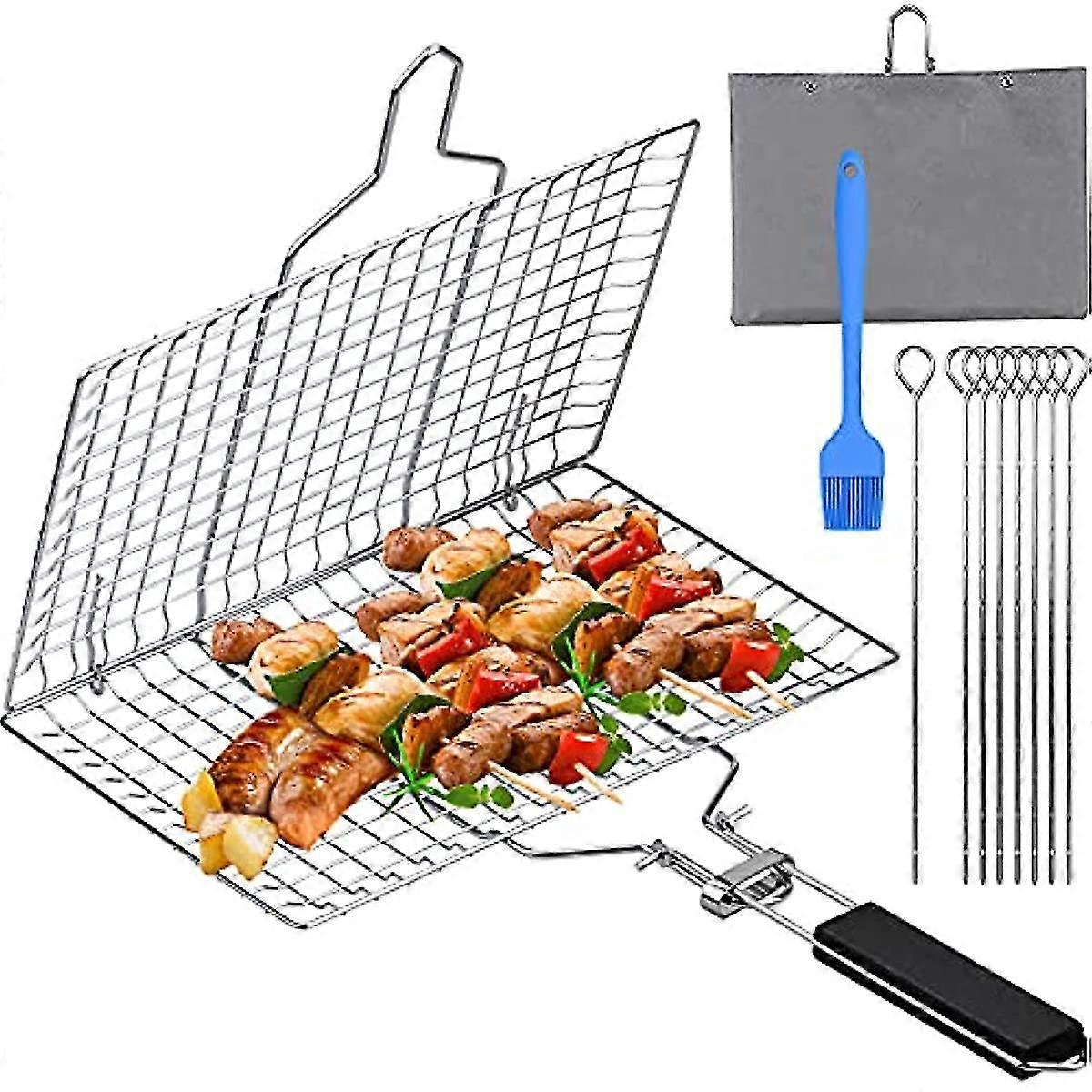 Fish Grilling Basket Folding Portable Stainless Steel Bbq Grill Basket For Fish Vegetables Shrimp With Removable Handle For Fish Vegetables Steak Wit