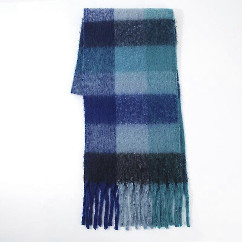 Plaid scarf women winter warm thick thick fringe long new woolen scarf men autumn and winter imitation cashmere scarf(lake blue check)