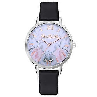 Moda Simples Padrão De Flor Mostrador Redondo Ajustável PU Strap Quartz Relógio Analógico FD158 (Preto)