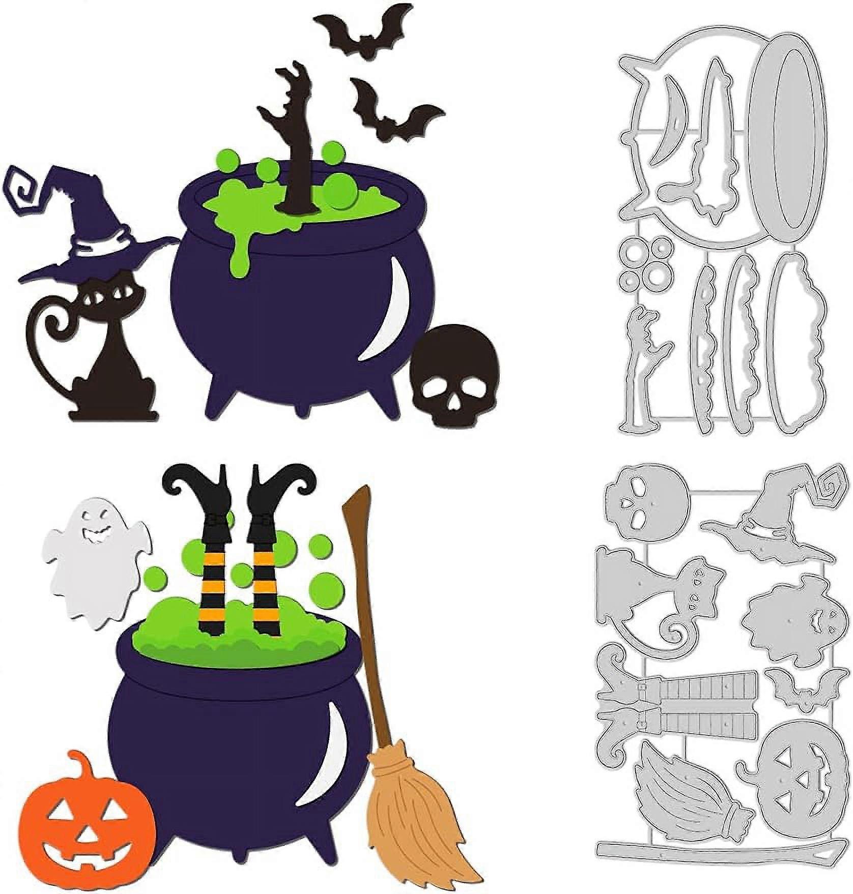 2Set 17Pcs Halloween Pot Cutting Dies for DIY Scrapbooking Metal Ghost Bat Cat Die Cuts Embossing Stencils Template for Paper Card Making Decoration A