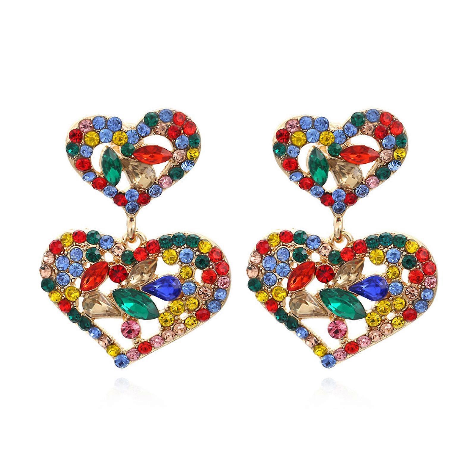Stylish Exaggerated Heart Earrings Double Layer for Rhinestone Chic Drop Dangle