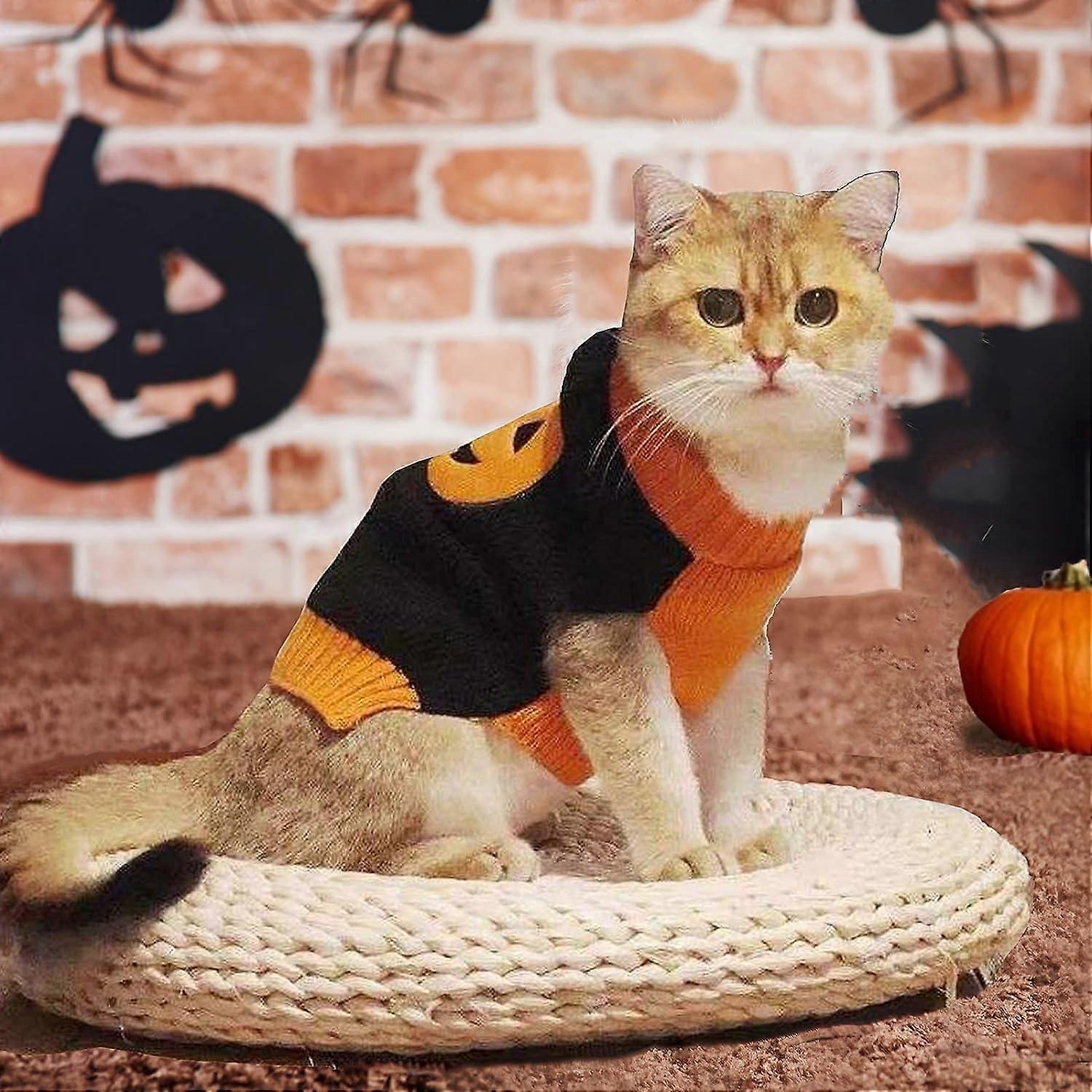 Hund Halloween Pullover Herbst Winter Rollkragenpullover Stricken Warme Welpen Kleidung Outfits Urlaub Lustig Kürbis Haustier Kostüme für Klein (L, Schwarz + Orange)