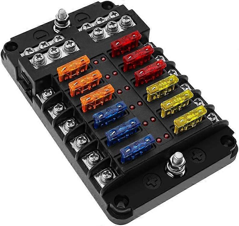 Fuse Box, Blade Fuses Block with Negative Bus 12 way Car Fuse Box Holder with LED Indicator Damp-Proof Cover