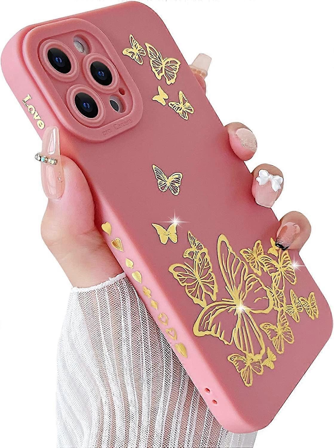 Compatible with iPhone 13 Pro Max Case, with Gold Butterfly Pattern Soft TPU Shockproof Case for Women Girls Men Side Cute Plated Heart Pattern Slim P