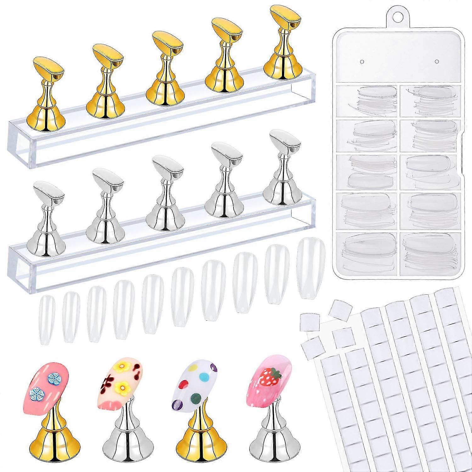 2セットアクリルネイルアートホルダー磁気練習ディスプレイスタンド96pcs白再利用可能な接着剤パテと100pcsアクリル棺偽のネイルチップ