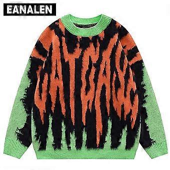 Harajuku Retro Green And Orange Knitted Sweater Men's Street Oversized Sweater Set Head Thick Sweater Grandpa Ugly Sweater Women