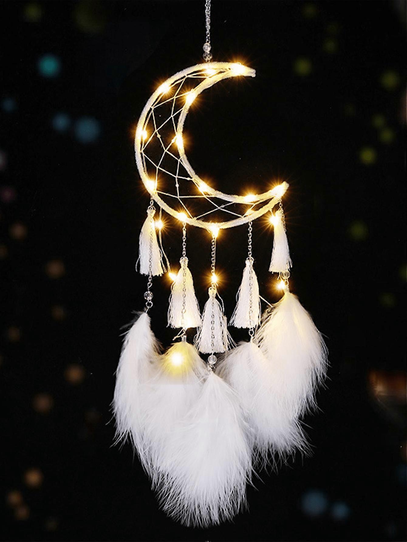 1 قطعة Dreamcatcher Wind Chime ديكور ، تصميم القمر الرومانسي ، DIY للفتيات ، ريشة اصطناعية