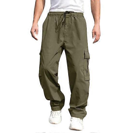 Men Cargo Pants Multi Pockets Drawstring Elastic Waist Solid Color Loose Wide Leg Straight