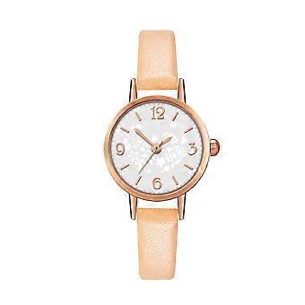 Modieus Unisex Horloge Ronde Wijzerplaat Analoge Display Quartz Polshorloge (Witte Spiegel Beige Band)