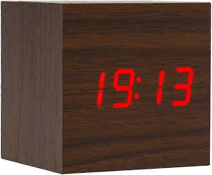 Wooden Alarm Clock - Mini Digital Clock with Temperature Time Display, 3-Level Brightness and Voice Control Great for Home Travel - Brown_Red