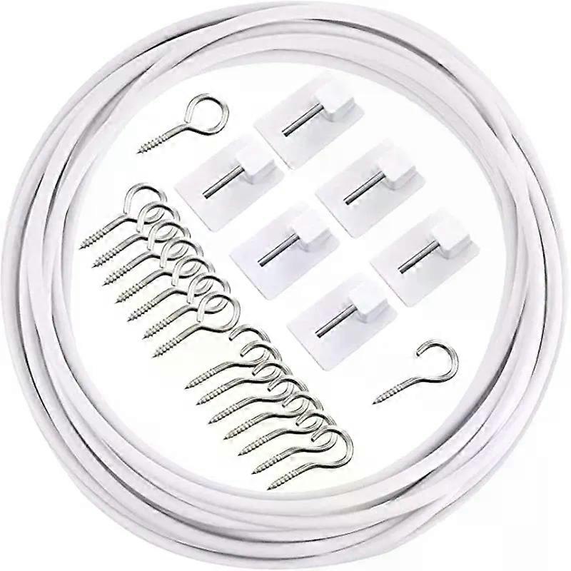 Curtain Wire White Set 6 Metre Curtain Wire/8 Pairs of Hooks and Eyes for Hanging/6 x Self-Adhesive Hooks Curtain Rope Curtai