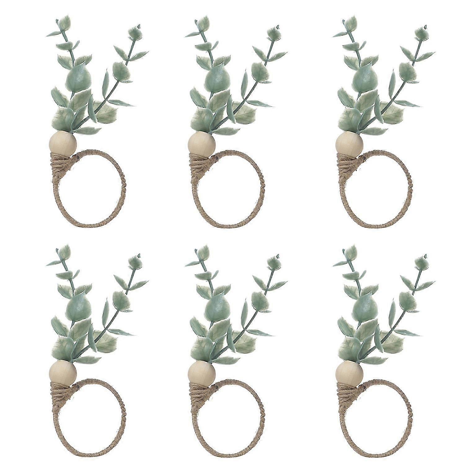 6Pcs/Set Artificial Eucalyptus Napkin Ring Rustic Wooden Beads Hemp Rope Boho Style Dinner Table Nap
