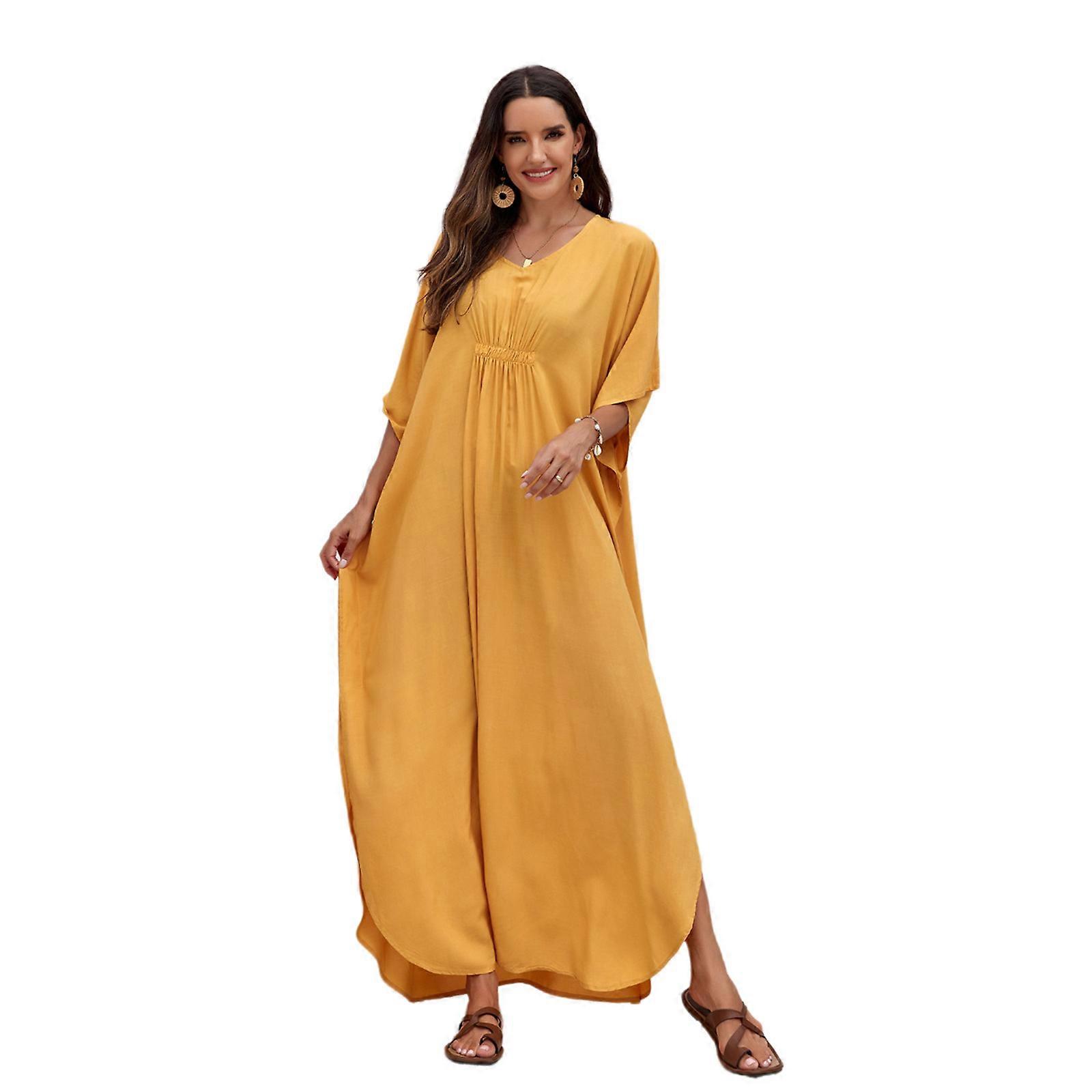 Plage caftan robe femmes plage couverture caftan robe à manches courtes maillot de bain couverture curcuma