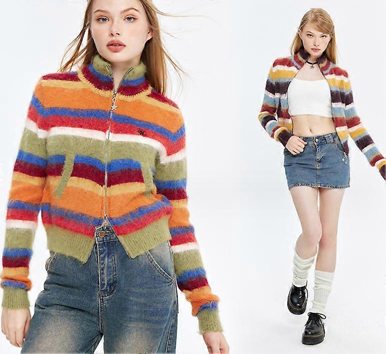 Gorący sweter z półwysokim kołnierzem w paski w stylu gorącej dziewczyny, sweter z dzianiny na suwak, krótki sweter koszulowy dla kobiet