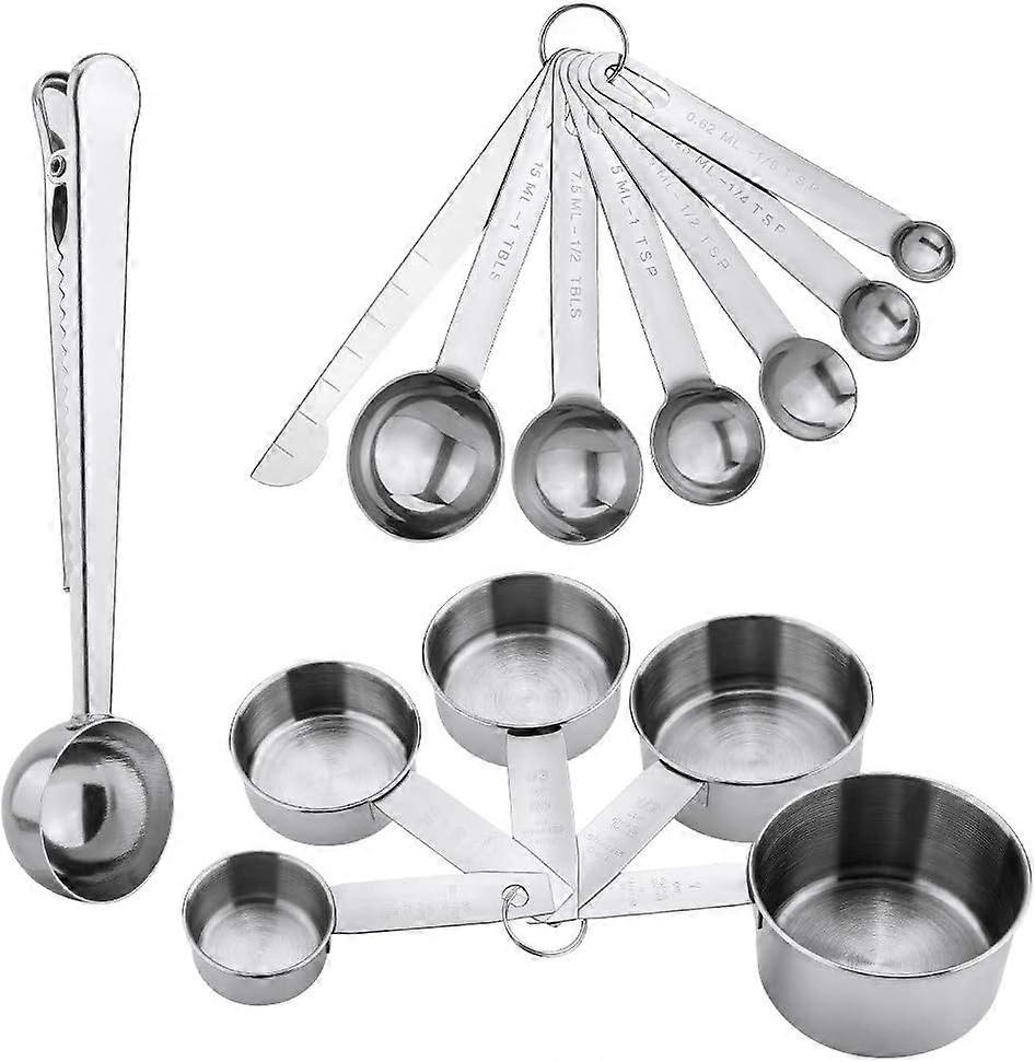 13-piece stainless steel measuring set with measuring ruler, 5 measuring cups, 6 measuring spoons and coffee measuring spoons with clips
