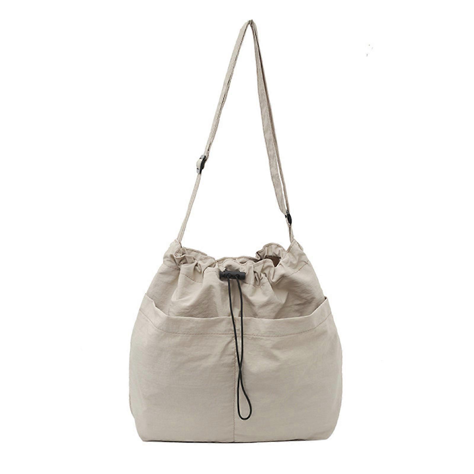 Aesthetic Solid Color Canvas Crossbody Bag Lightweight Large Capacity Drawstrings Shoulder Bag Handbag for Casual School Ivory