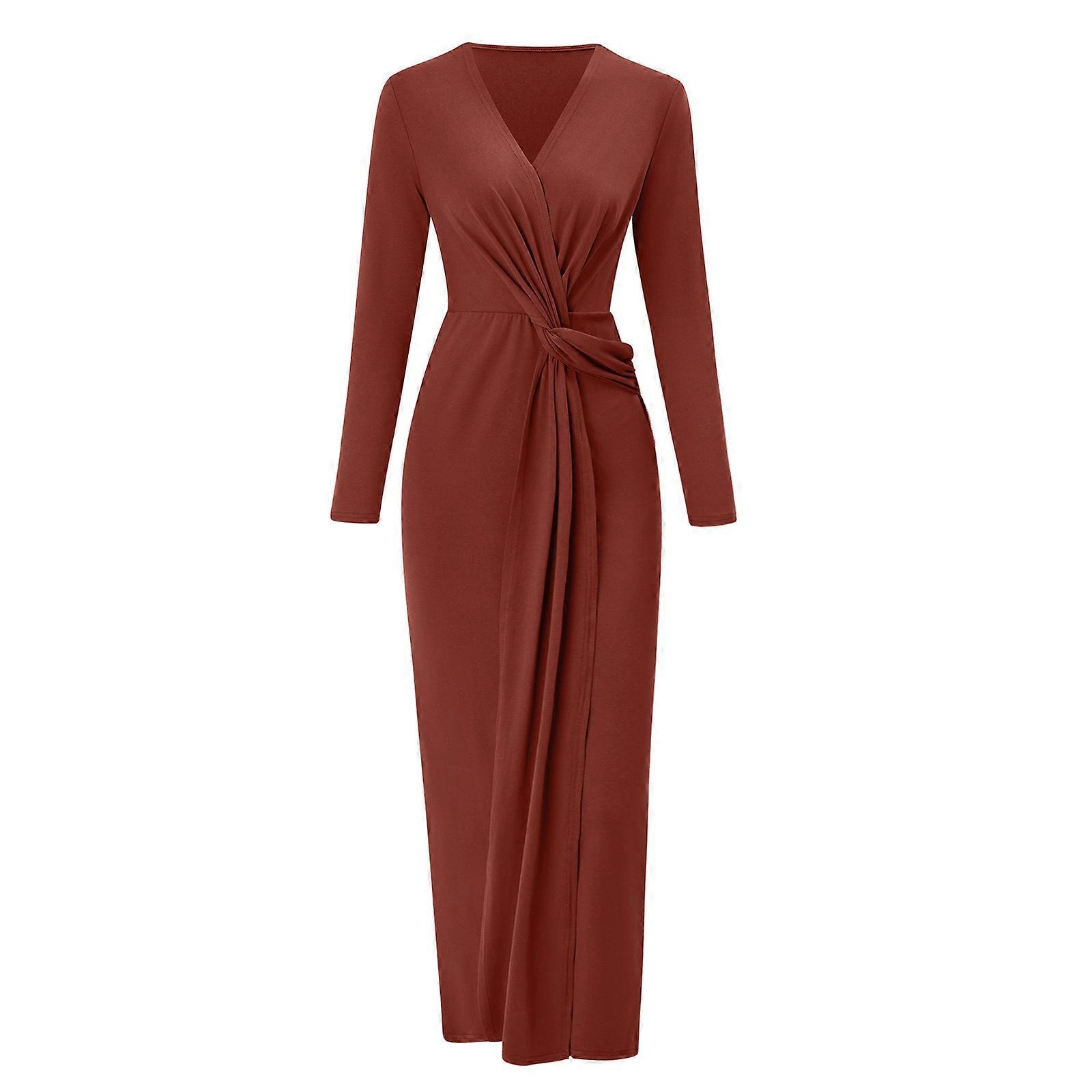 Womens Casual Long Sleeve V-Neck Fall Dress Slim Fit Solid Color Maxi Dresses Twist Front Cocktail Dress Brick red L | Fruugo NO Womens Casual Long Sleeve V-Neck Fall Dress Slim Fit Solid Color Maxi Dresses Twist Front Cocktail Dress Brick red L | Fruugo NO