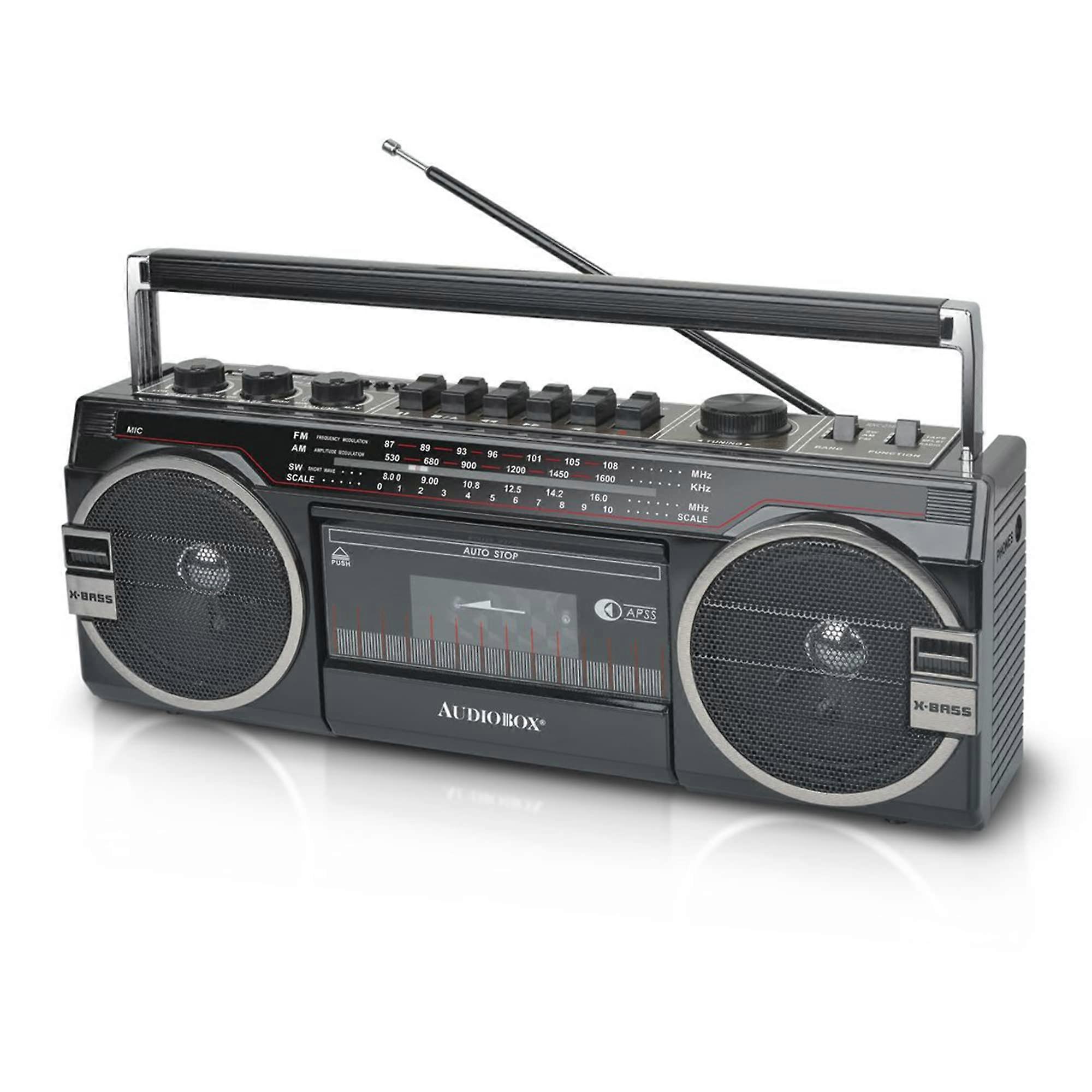 RXC-25BT Retrobox Bluetooth Boombox Speaker System with AM/FM/SW Radio, Cassette Player, USB, and SD Card, Black
