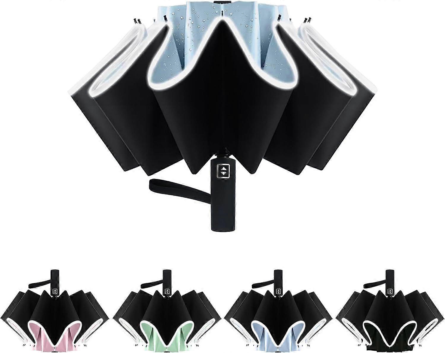 SQCLV Automatic Open Large Compact Reverse Umbrella for Rain and UV Protection Inverted Folding Umbrellas with Reflective Safe Stripe Portable for Men