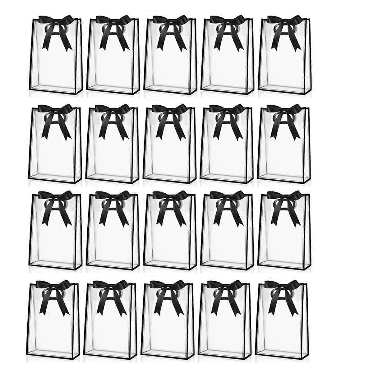 20Pcs Clear Plastic Gift Bag with Die Cut Handles Reusable Flower Candy Bag with Ribbon Black