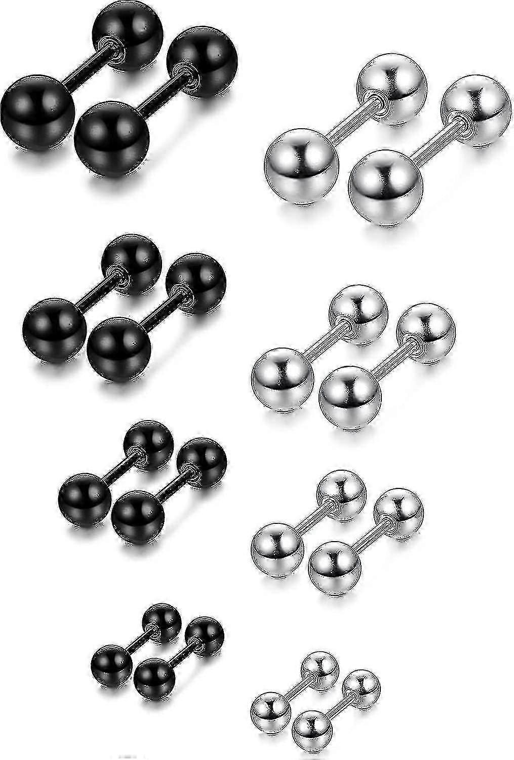 8 Pairs Stainless Steel Ball Stud Earrings Barbell Cartilage Helix Ear Piercing 3-6mm 2 Colors 18g (4 Pairs White+4 Pairs Black) -