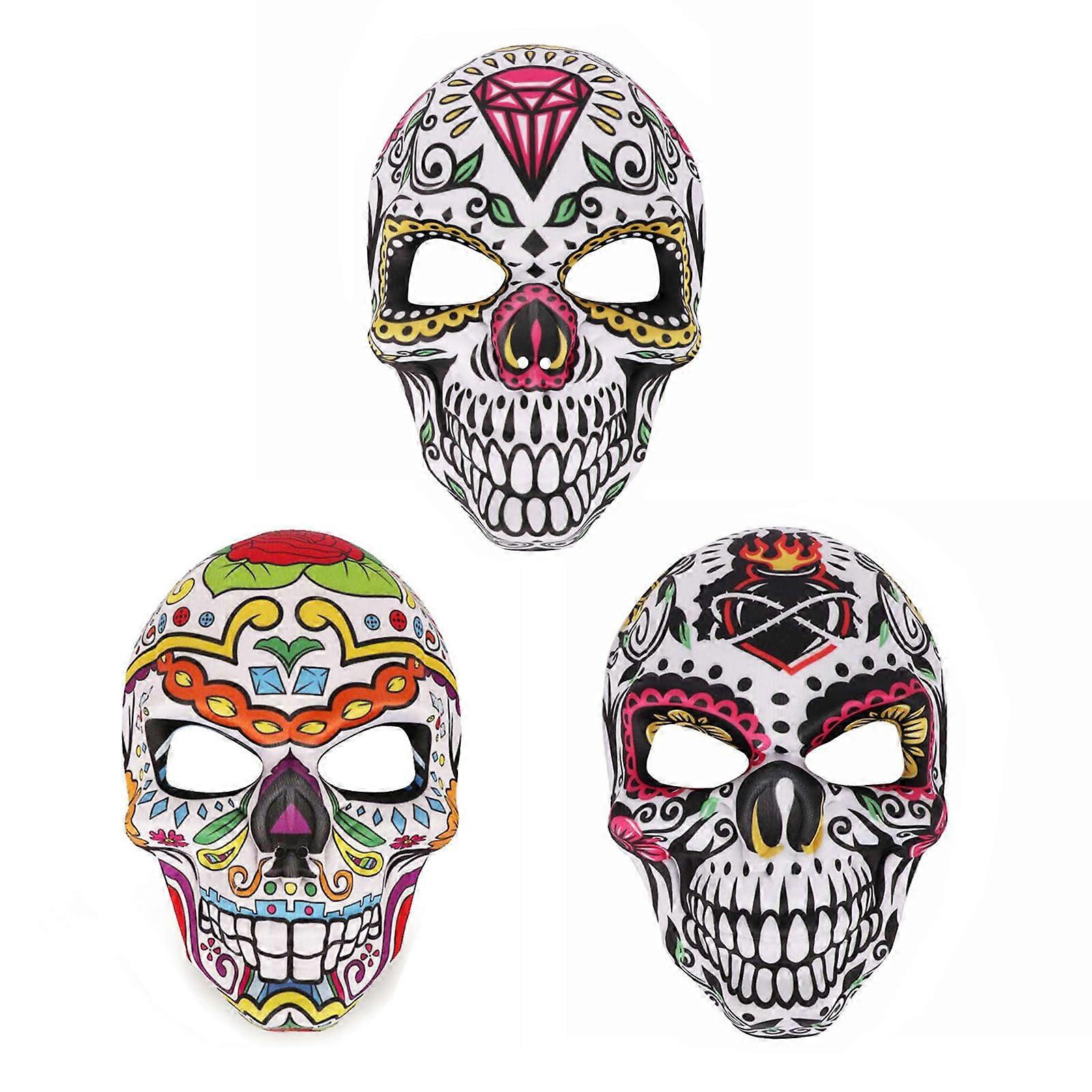 Day of The Dead Masks 3Pcs Skull Full Face Mask Set for Halloween Cosplay Mexican Party Costume, Durable Latex Material
