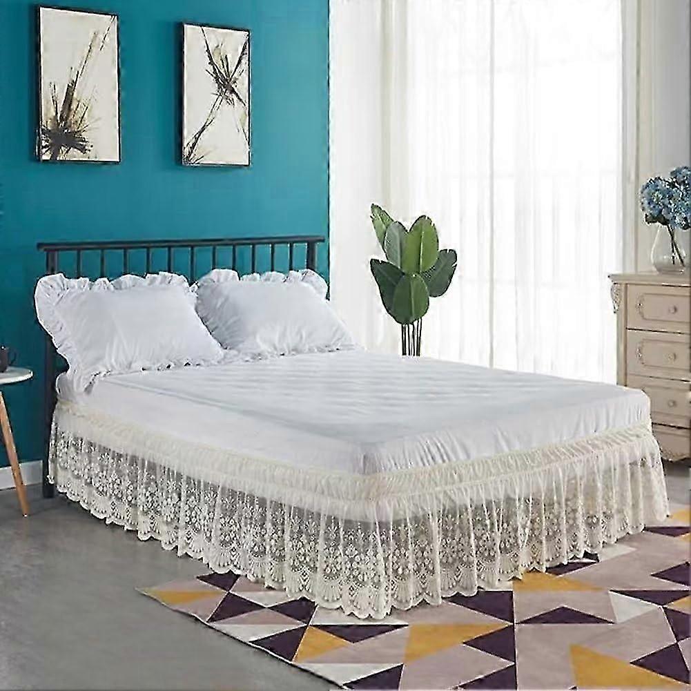 Bedskirt Lace Trimmed Elastic Bed Wrap, Easy Fit Dust Ruffle Bedskirt, (pink,queen)