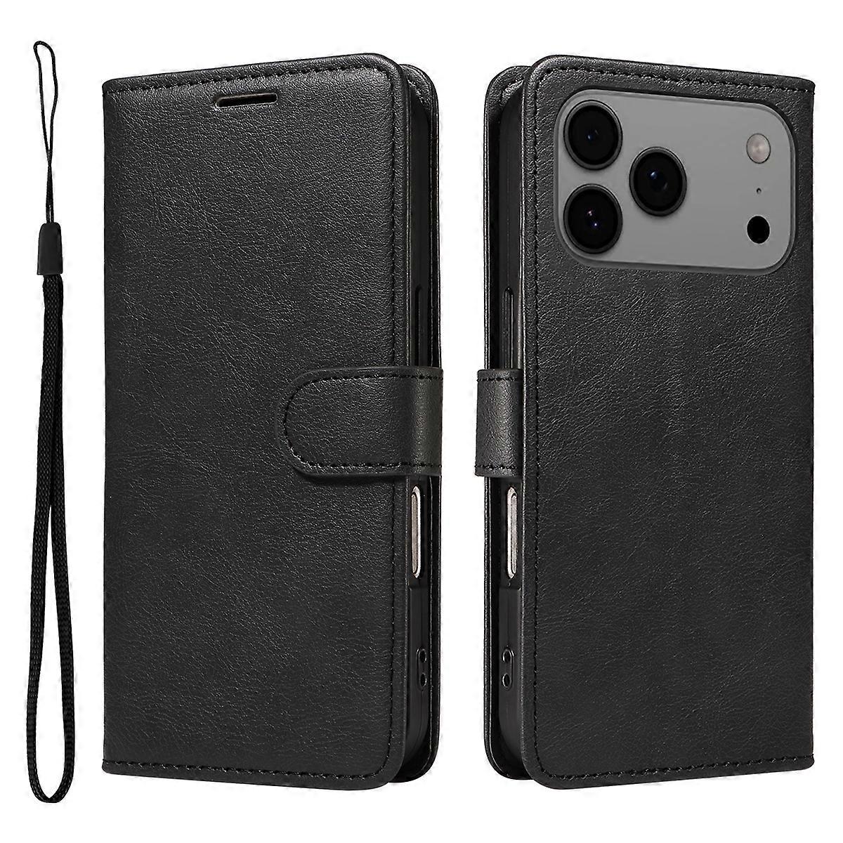 Compatible For iPhone 17 Pro Max Leather Wallet Case with Strap Solid Color Phone Stand Cover