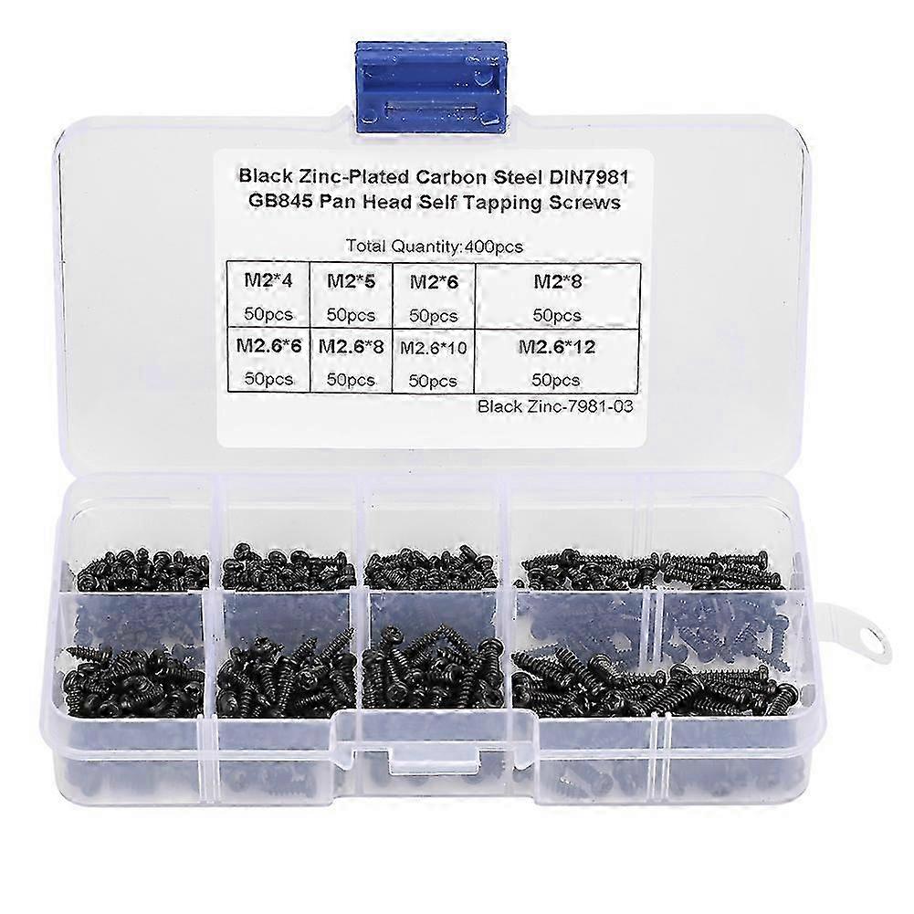 400Pcs Black M2/M2.6 Cross Pan Head Self Tapping Screws Set Assortment Kit