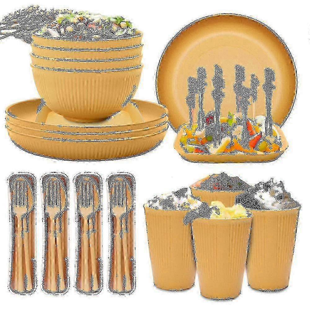 Unbreakable Camping Dinnerware Set - ピクニック用プラスチックプレート&ボウル (イエロー)