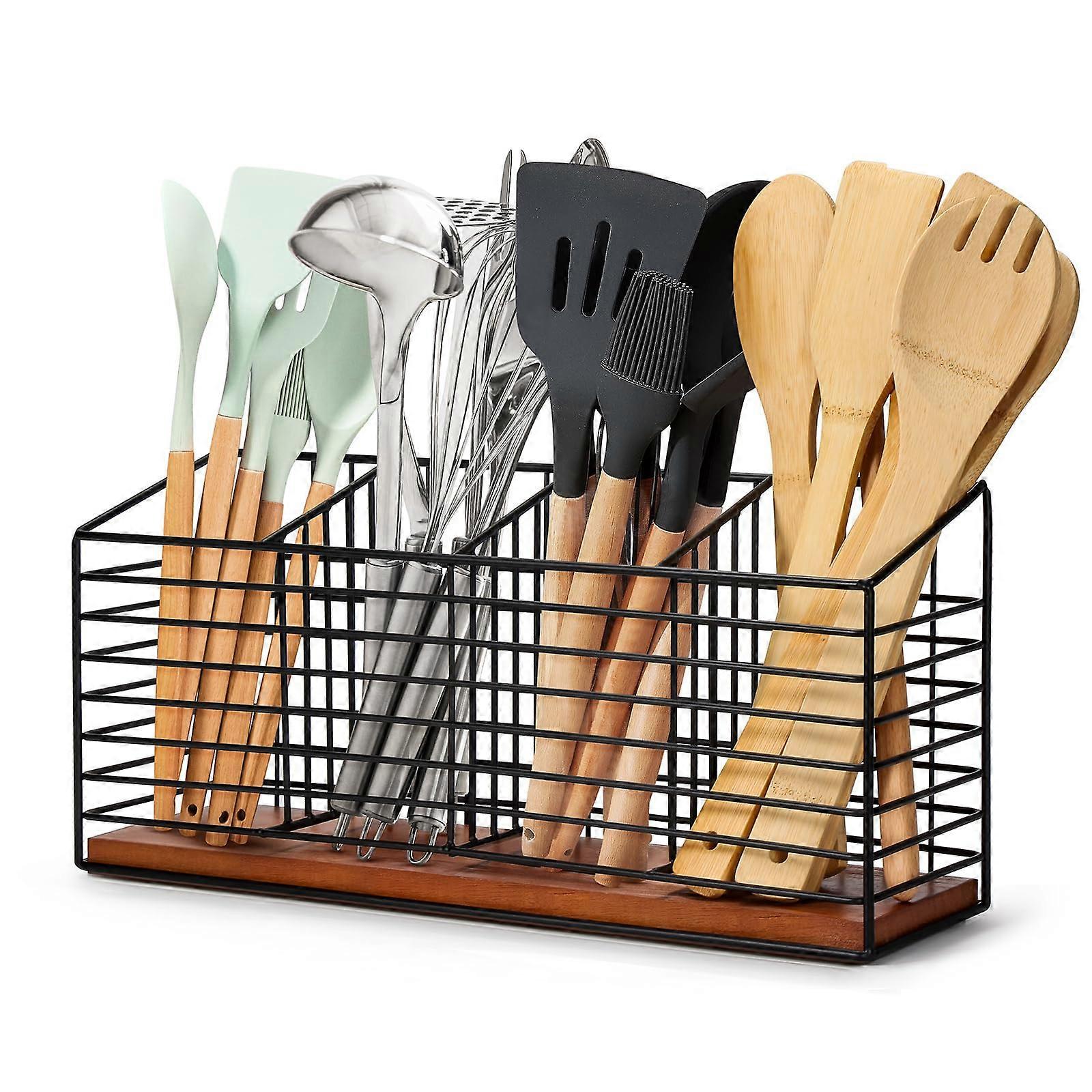Large Utensil Holder for Kitchen Counter 4 Compartments Organizer for Spatula