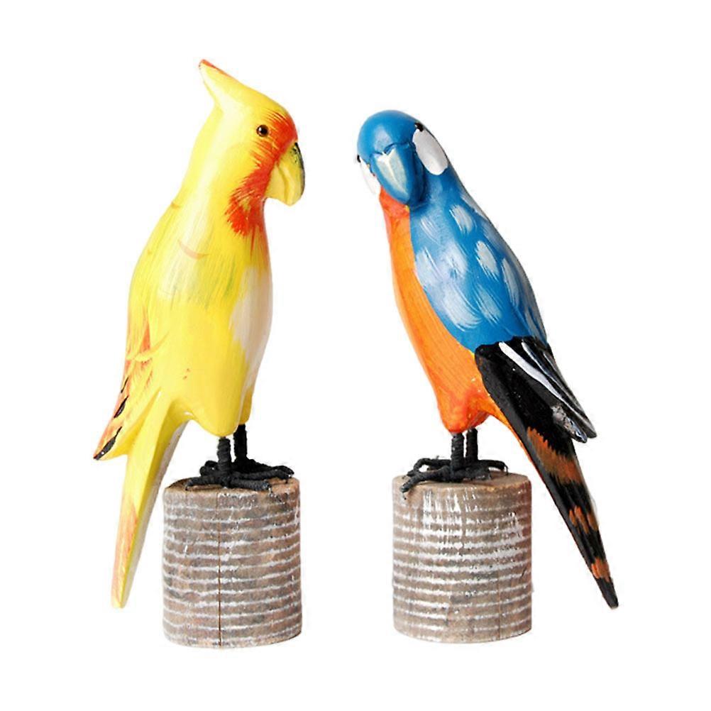 Parrot Sculpture Wooden Bird Desktop Decors Artistic Ornament Home Use Wood .54X2.16X9.82in 2Set