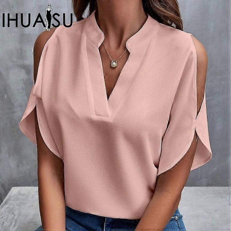 IHUASU Women's Summer Solid Color V-neck Off-the-shoulder Loose Chiffon Top