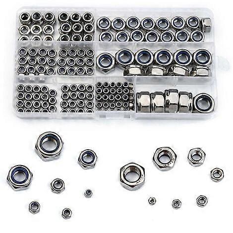 170PCS Kontermuttern Edelstahl Cocknut, 7 Größen M3-M12 Nyloneinsatz Sechskantmutter mit langlebiger Sortimentsbox, M3 m4 m5 m6 m8 m10 m12 Verschiedene L