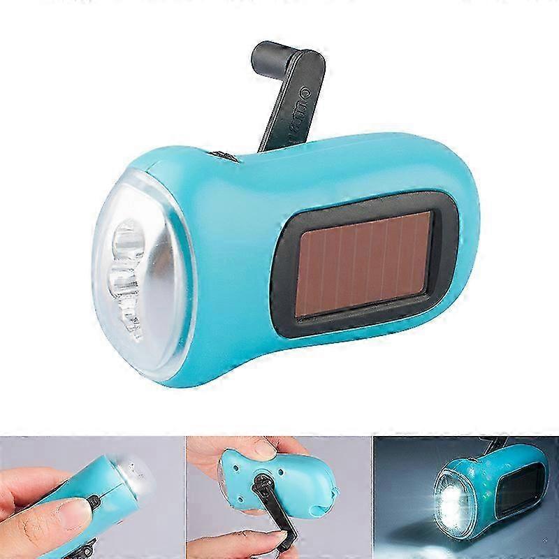 Blue mini hand crank LED flashlight, emergency crank generator solar flashlight powerful energy saving flashlight LED rechargeable flashlight