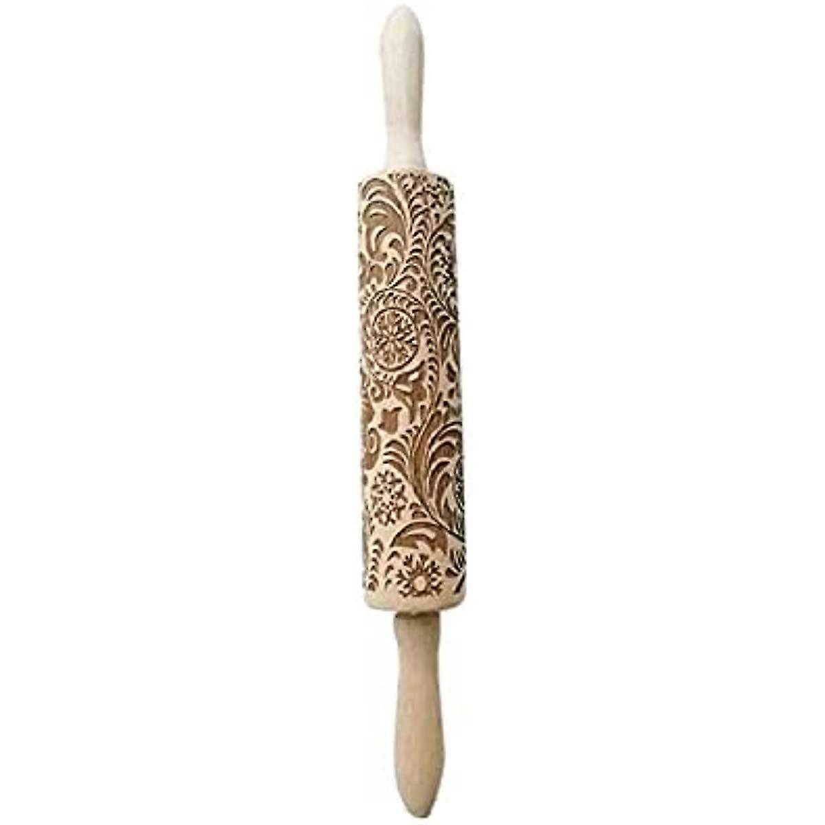 Embossed Wooden Rolling Pin Floral Pattern Engraved Design Standard Size Baking Accessory