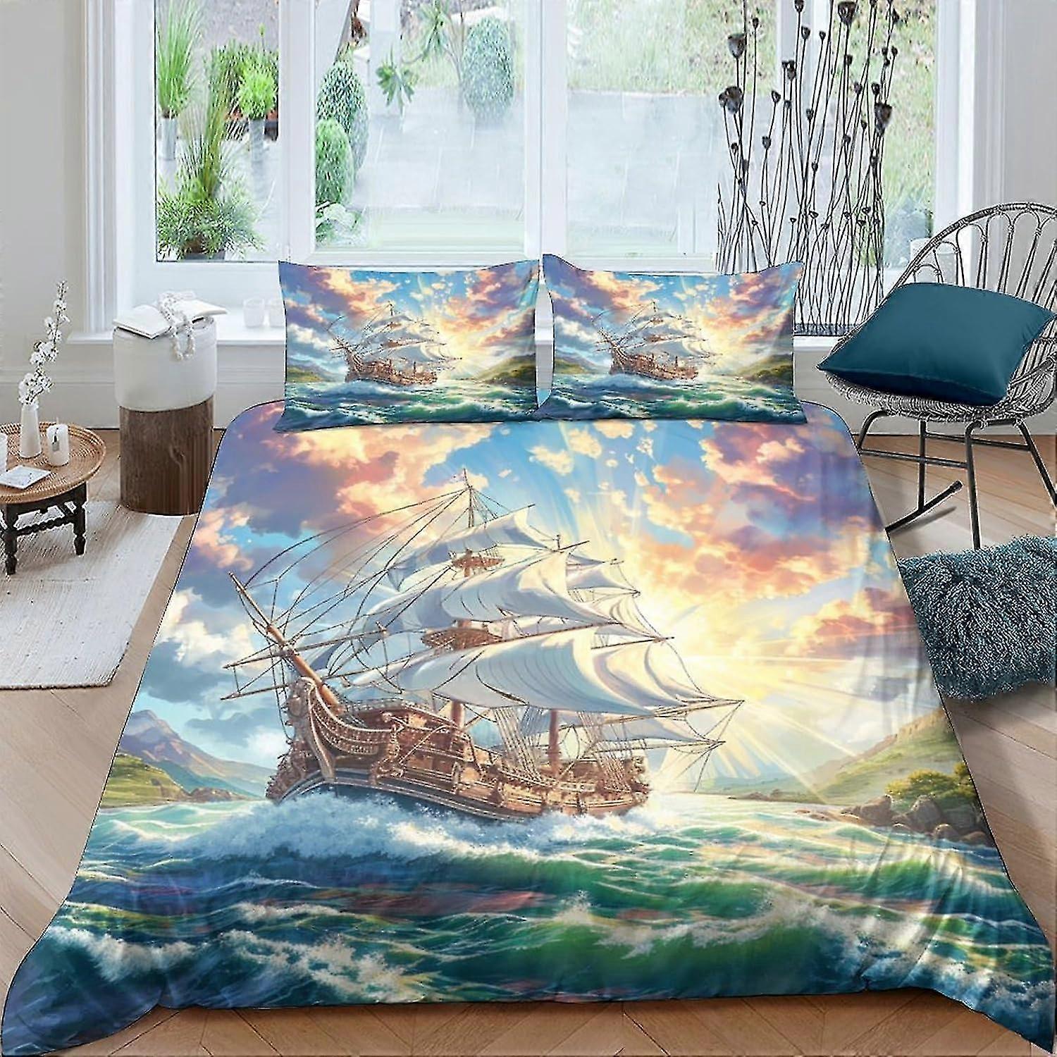 Conjunto de Cama para Veleiro, Capa de Edredom 3D com Fronhas, Capa de Colcha de Microfibra Macia com Fecho de Zíper Conjunto de 3 Peças Duplo