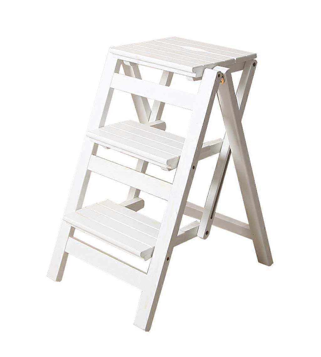 Folding step stool, white wooden ladder, 150 kg load, foldable for kids and adults.