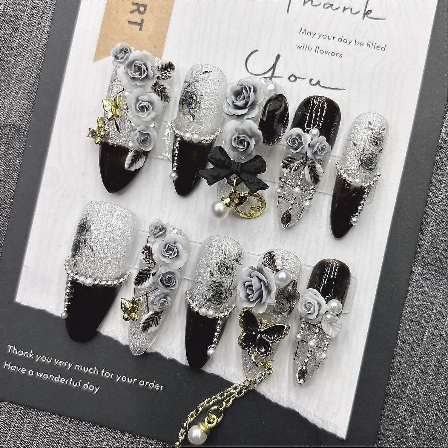 Dark French Press on Nails Gothic Tassel Handmade False Nails