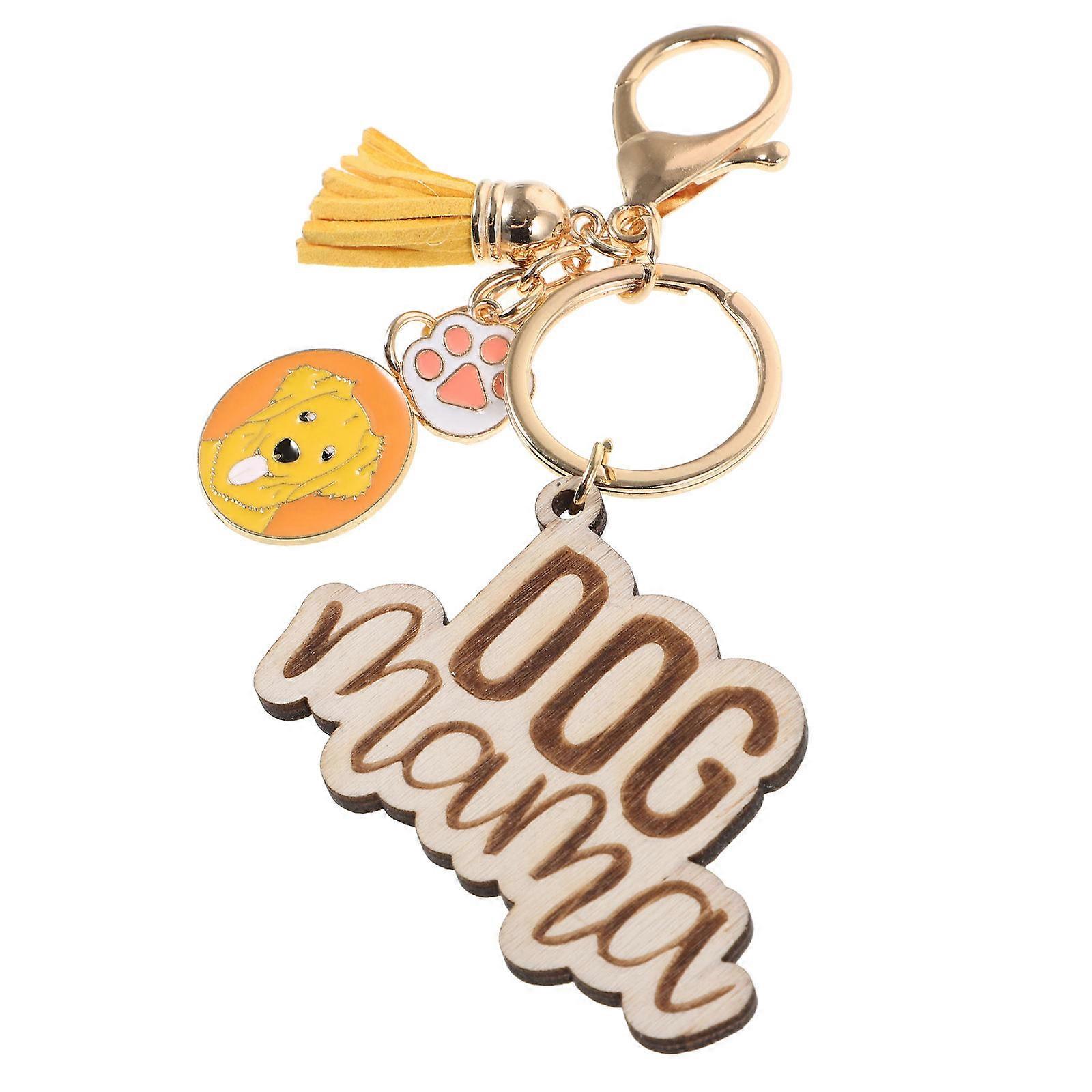 Dog Mom Keychain with Tassel and Charm for Women Decorative Wood Metal PU Multi Color 3 5 Inches