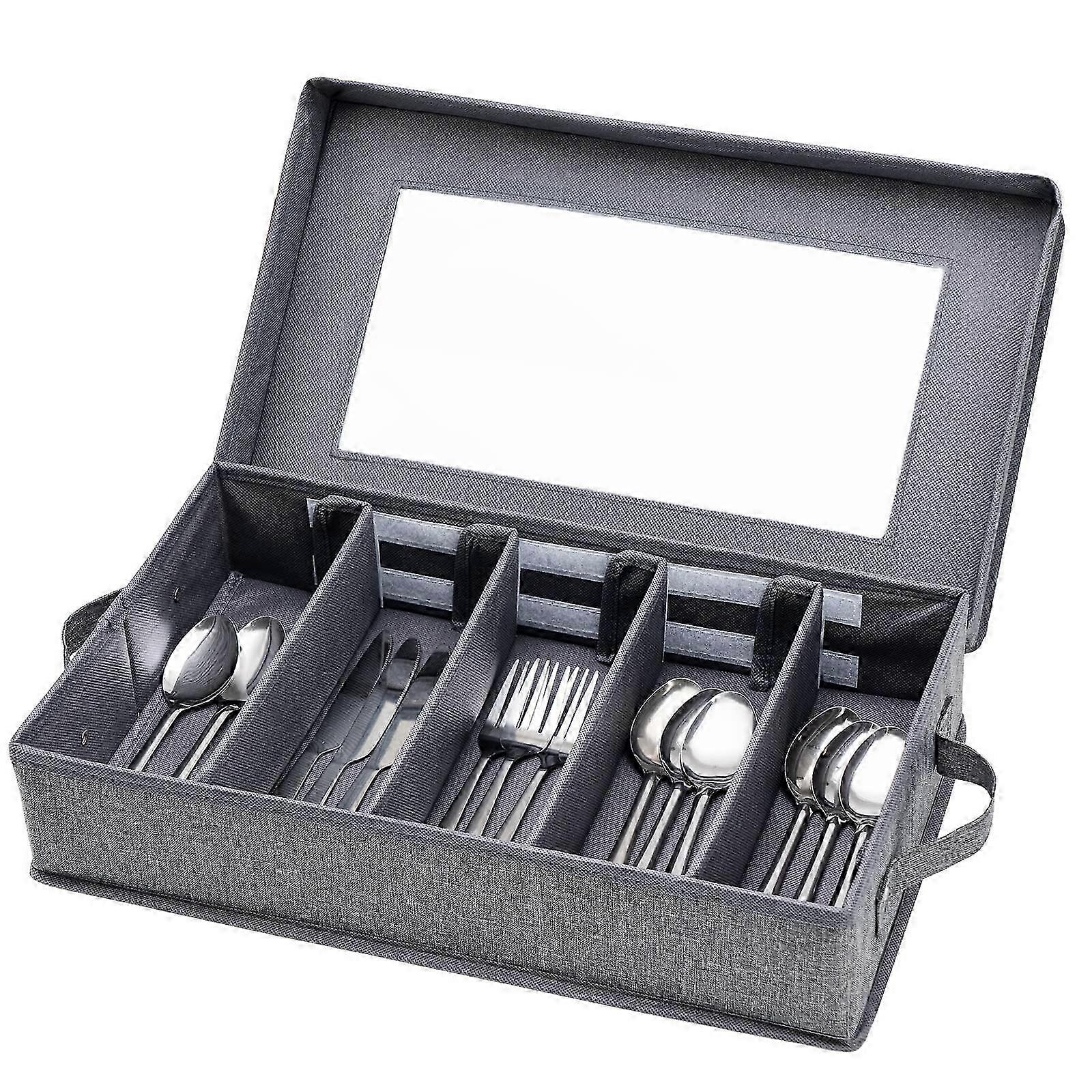 Silverware storage box with adjustable dividers, gray