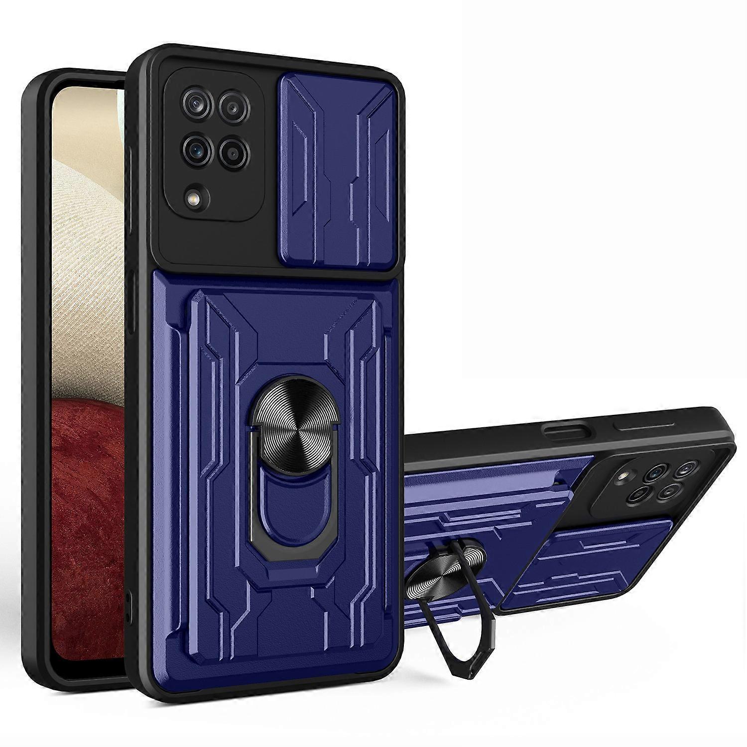 Ring Holder Kickstand Hard PC Soft TPU Phone Case Shell with Camera Slide Cover and Detachable Card 