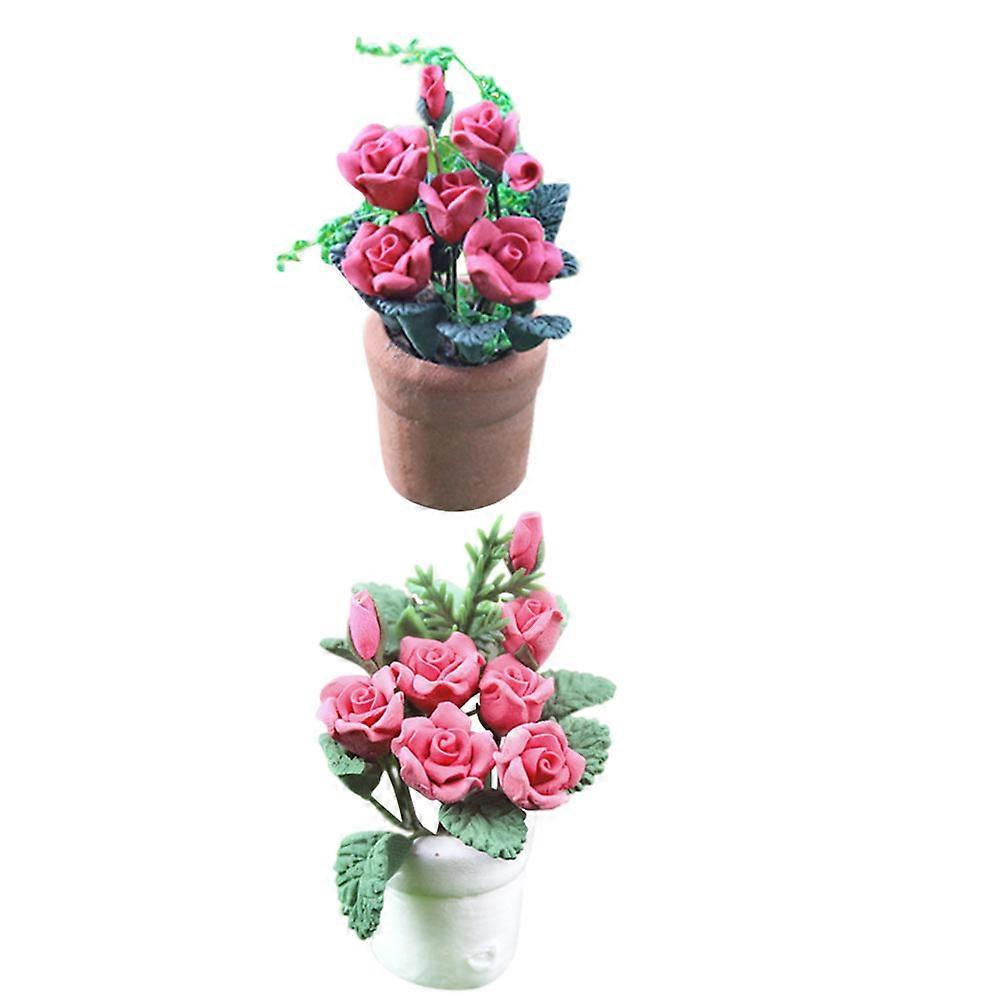 Assorted Color Miniature Potted Flower Decor for Doll House and Mini Landscape Models 2pcs Plastic