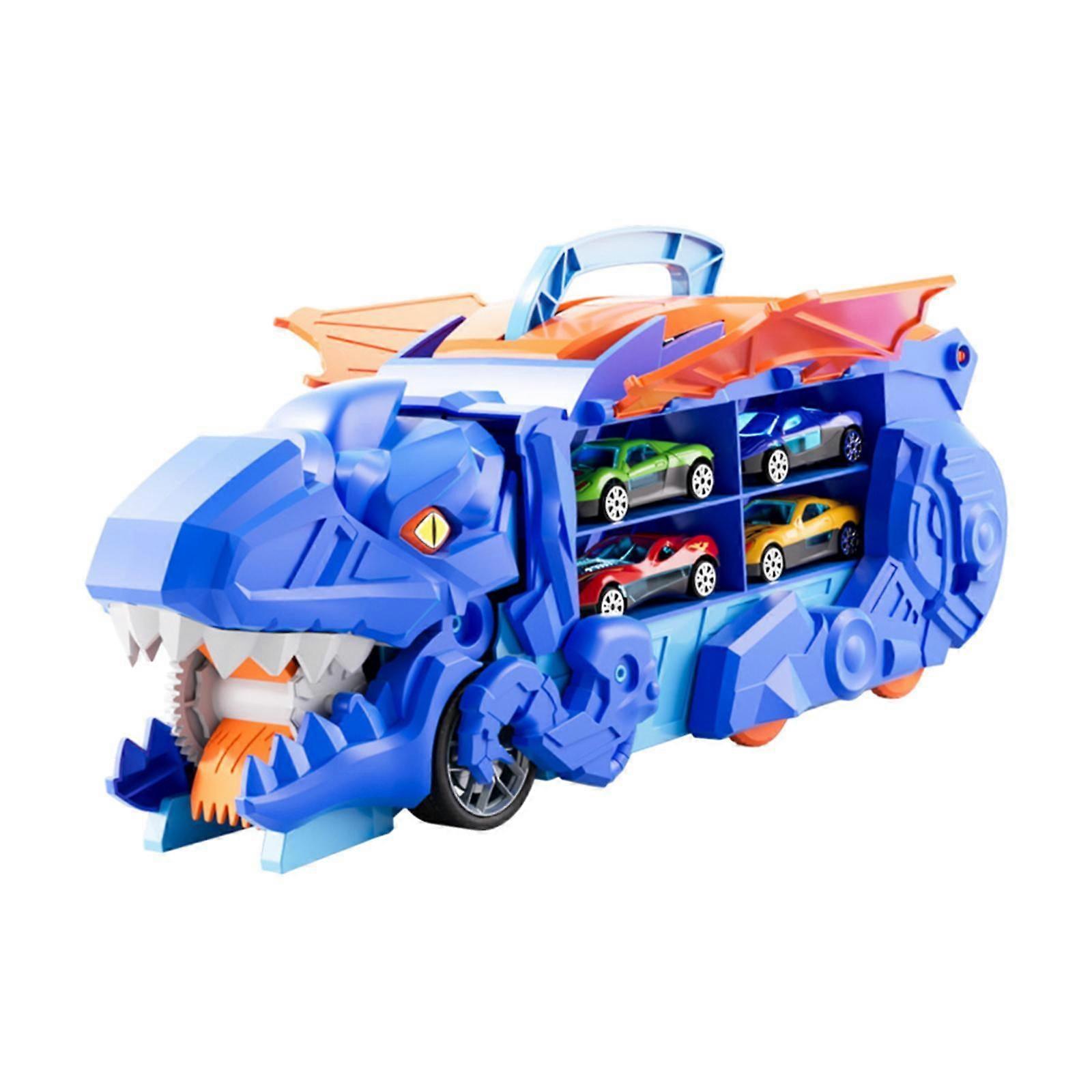 STARTIST Dinosaur Transport Truck Transforms into Stomping Dinosaur with Race Track, 4 Alloy Cars, Educational Toy for 3+