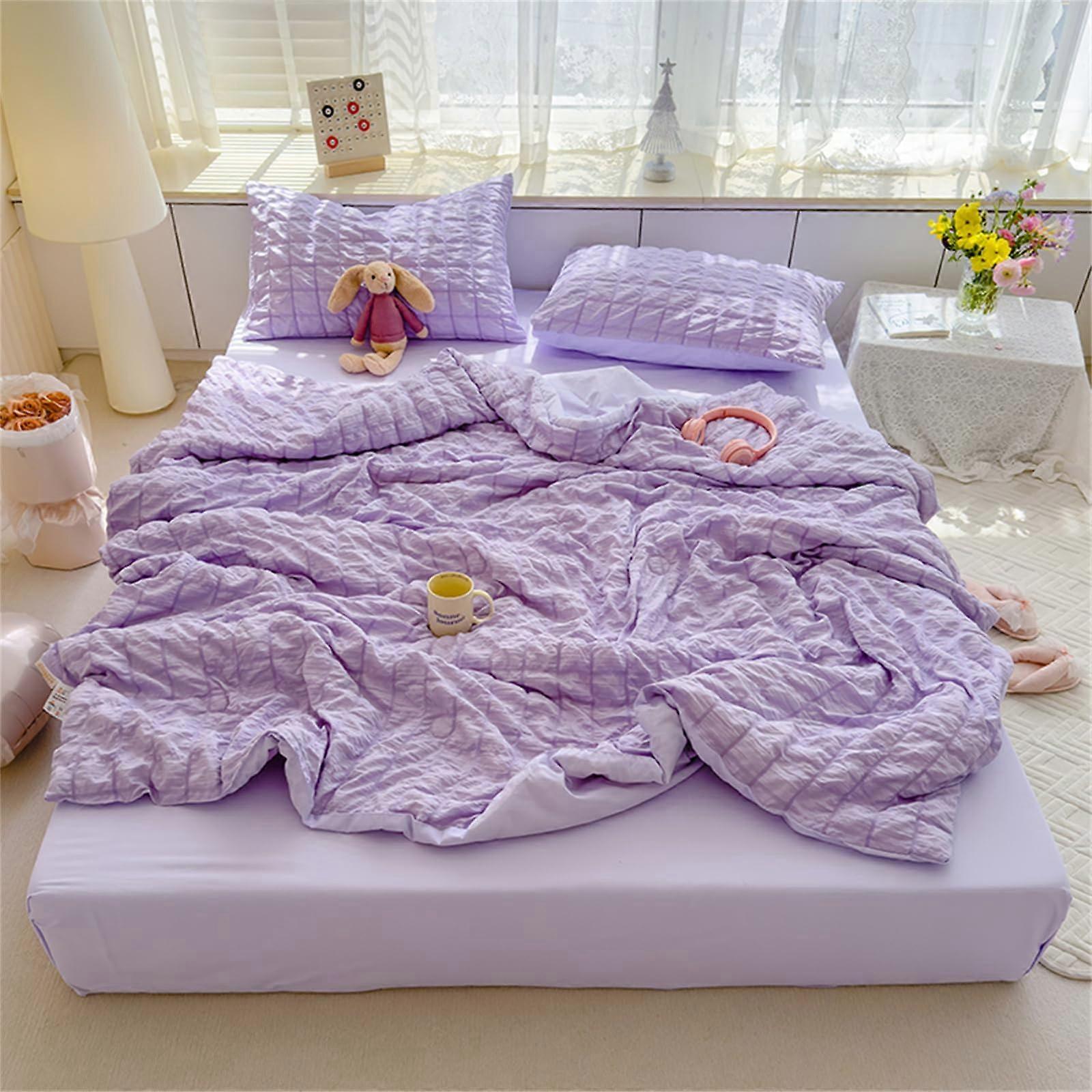 Quilted Bedspreads Solid Color Plaid Reversible Lightweight Patchwork Quilt Comforter 200x230cm Purple